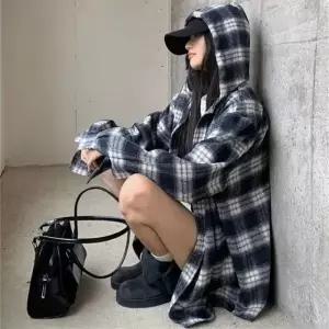 여성 체크 후드 오버핏 셔츠 자켓 스트릿 체크남방