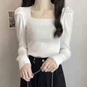 여성 스퀘어넥 어깨퍼프 긴팔니트 골지 페미닌 티셔츠 3색