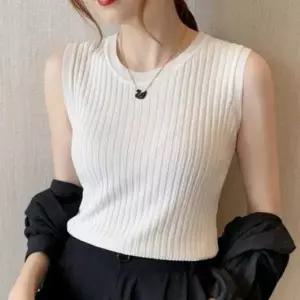 여성 여름 슬림핏 민소매 나시 골지 슬리브리스 티셔츠