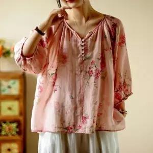 은창)핑크 피오니 러블리 면 혼방 티셔츠 여름 퍼프 반팔 상의 블라우스 셔츠 여성