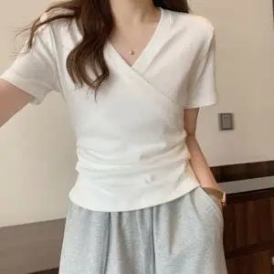 여성 티셔츠 반팔 랩 브이넥 데일리 여름 무지티셔츠