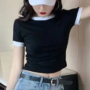 여성 배색 포인트 크롭 반팔티 1P 쫀쫀한 밀착감 라운드넥 베이직 티셔츠