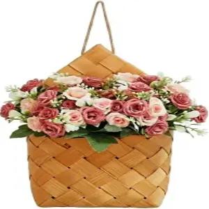 인공 매달린 꽃 - 코티지 코어 장식 장미 꽃다발 2개 세트 및 손으로 짠 바구니 가정용 방 벽 문 딥 핑크