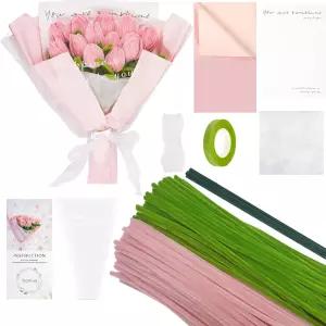 Yjooiua 25pcs 그린 및 핑크 파이프 공예 DIY 와이어 플라워 수제 부케 플라워용 벌크 키트는 nille Stems