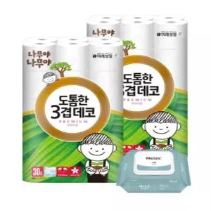 나무야 나무야 도톰한 프리미엄 화장지(린넨향) 3겹 30m 30롤 2팩+노블 휴대물티슈 캡형 20매