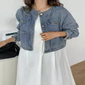 F51310 노카라 라운드 심플 청 데님 재킷 아우터