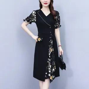 원피스 여성용 여름 시폰 정장 넥 빅사이즈 쉬폰 중년 통통 BE1