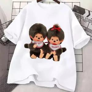 캐릭터 애니 티셔츠 반팔 티 셔츠 Monchhichi 아동 여름 캐주얼 크루 넥 탑 만화 프린트 코튼 풀오버 귀여