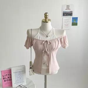 잔꽃 홀터넥 나시 리본 뷔스티에 일체형 가디건 세트 E373 블루밍플라워CD