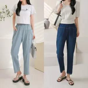 이젤룩 여성 여름 8부 밴딩 배기 데님 포켓 청바지