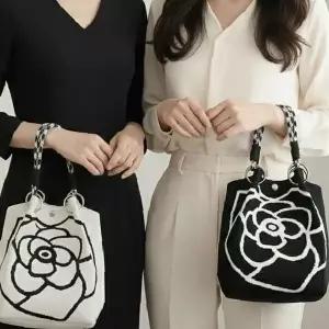장미 꽃무늬 니트 미니 숄더백 여성용 데일리 손가방 휴대폰 수납 패션 소품 가방