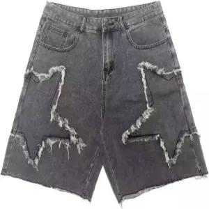 남성 배기 진 반바지 블랙 그레이 빈티지 스타 패턴 조츠 Y2K 패션 캐주얼 루즈 데님 스트리트웨어