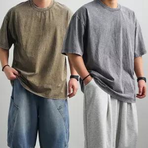 리얼타임 피그먼트 워싱 오버핏 반팔티 / 남자 7부 두꺼운 14수 헤비코튼 반팔 빅사이즈 헬스 무지 면티 4colors