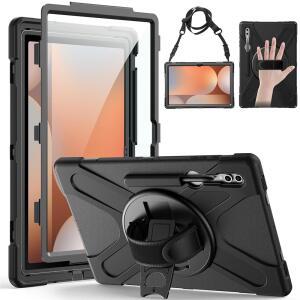 삼성 갤럭시 탭 S10 울트라 / S9 S8 14.6 인치 화면 보호기가 있는 전신 드롭 보호 케이스 연필 홀더 360 회전 핸들 스탠드 스트랩 블랙