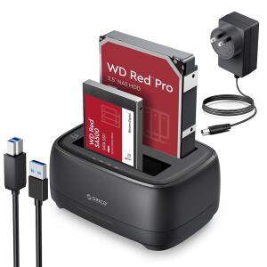 ORICO 하드 드라이브 도킹 스테이션 듀얼 베이 USB 3.0에서 SATA로 듀플리케이터/오프라인 클론 기능 외장 도크를 사용하여 2.5인치 /3.5인치 HDD SSD 최대 44TB 지원 UASP 플러그 앤 플레이 DD-C