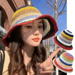 데일리 외출레인보우 밀짚 버킷햇 무지개 레인보우 여름 외출 데일리