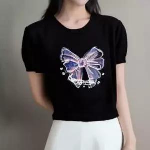 여자 라운드넥 리본 포인트 여름 니트 반팔 티셔츠 반소매 상의