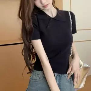 여자 사선 콩단추 카라 반팔 티셔츠 여름 패션 티셔츠 반소매 상의