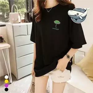 여성 자수 반팔 티셔츠 여름 화사한 편한 우산 반팔 여성 포인트 여름 깔끔 티셔츠 자수