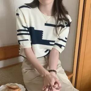 (선택옵션 블루그레이)라운드 반팔 니트 배색 포인트 여성 니트반팔 니트 티셔츠 블라우스 여성 여름 반팔