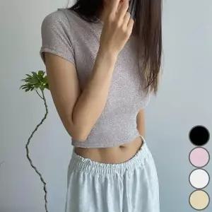 (색상 핑크)샴페인 크롭 반팔 메탈반짝이 메탈 반짝이 코디 티셔츠 여자 세미 반팔티 가을 크롭 여성