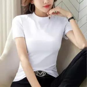 신축성이 좋은 스판 세미 무지 크롭티 반팔 티셔츠 세미 반팔티 반목티 기본 블랙앤화이트 크롭 베이직