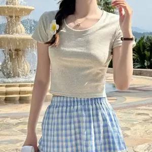 베이직 유넥 반크롭 반팔 티셔츠 유넥 데일리 세미크롭 티셔츠 라운드넥 무지티 베이직 반팔 반크롭