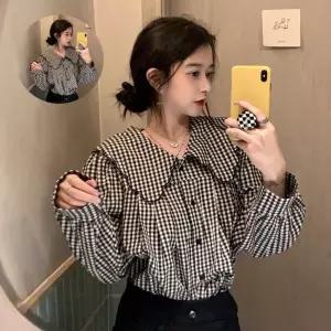 여자와이셔츠 빅카라 체크 패턴 루즈핏 블라우스 URD-388
