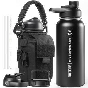빨대가 달린 ONETIGRIS 32온스 단열 물병 - 전술 스테인리스 스틸 물병, 여행, 체육관, 캠핑, 하이킹을 위한 뚜껑 3개와 슬리브가 있는 누수 방지 보온병 와이드 마우스 스포츠