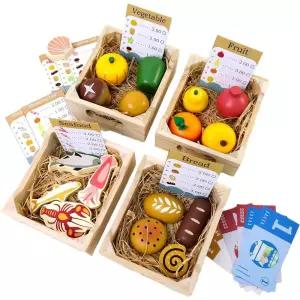 어린이 주방용 나무 놀이 음식 세트 36피스 현실적인 장난감 음식 빵 과일 채소 해산물 및 상자 4개