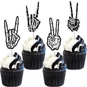 패글랜드 36개 스켈레톤 핸드 컵케이크 토퍼 고딕 본 록 N 롤 픽 생일 케이크 장식 공포 할로윈 총각