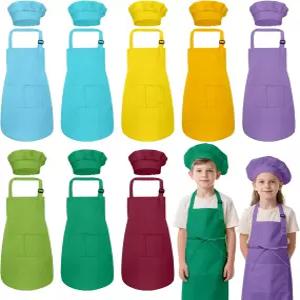 IAGBIBUI 에이프런 및 셰프 모자 세트 조리실 베이킹 페인팅을 위해 조절 가능한 포켓 2개가 있는 6 소년