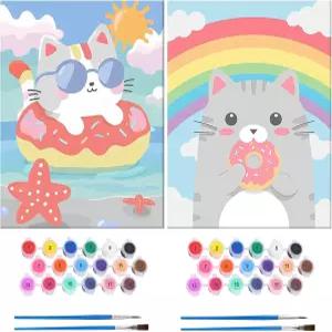 82세 숫자 키트별 MAXBYE 2팩 페인트 미리 그린 캔버스 보드가 있는 귀여운 고양이 도넛 쉬운 릴 아트 및