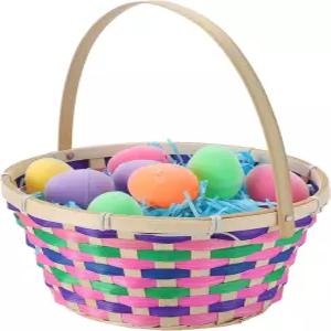 JOYIN 부활절 대나무 바구니 화려한 원형 구디 빈 사탕 선물 접이식 손잡이 달걀 사냥 파티 장식 간식 포장