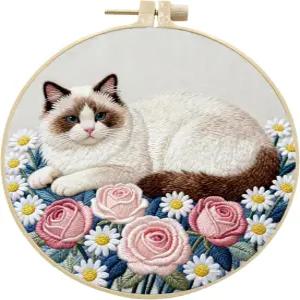 HCANPER 귀여운 고양이 자수 스타터 키트 DIY 바늘 펀치 초보자용 미리 인쇄된 원단 도구 후프 나사산 성인
