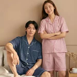 스트라이프 반팔 잠옷세트 남성 여성 카라 커플 줄무늬 여름 파자마 한벌 홈웨어 상하의 세트