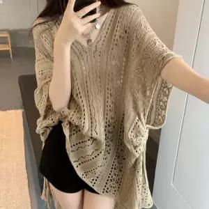 여성 커버업 니트 여름 레이어드 브이넥 풀오버 여유핏 레이스 비치웨어 루즈핏 블라우스 시스루 펀칭