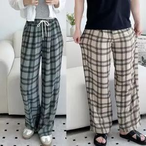 남녀공용 체크 바지 와이드 남성 여성 쿨 여름 밴딩 핀턱 홈웨어 파자마