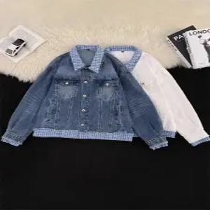 룽나루 남성용 청 빈티지 춘추 캐주얼 청자켓 체크 더블 칼라 코트 재킷 HO3