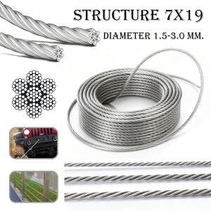 1개 304 스테인리스 스틸 와이어 로프 7x19 구조 리프팅 케이블 방부제 방청제 직경 1.5-3.0mm