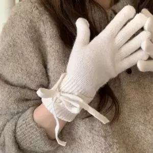 여성 리본 스트랩 니트 장갑 아이보리 겨울 글러브