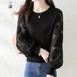 [퀸이즈][퀸이즈] 로트 레이스 시스루 소매 니트 티셔츠