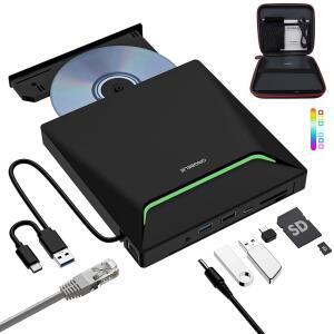 새로운 외장 CD DVD 드라이브, 이더넷 어댑터가 있는 쿨 DVD 버너 USB 3.0, USB 3개 및 TF/SD 카드 포트 2개, 휴대용 케이스가 있는 노트북 PC Windows Mac용 CD DVD 플레이어 리더 라이터 광학 디스크 드라이브