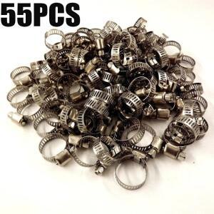 55pcs 호스 클램프 16mm-25mm 스테인레스 스틸 조정 가능 드라이브 연료 라인 웜 크기 클립 후프