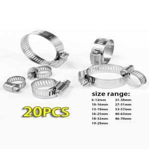 20pcs 304 스테인레스 스틸 호스 클램프 6-70mm 조정 가능 웜 기어 회전 금속 연료 라인 파이프 클램프-배