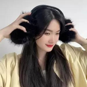 블랙 쁠리즈 귀마개 왕방울 니트귀도리 보온 방한 귀마개