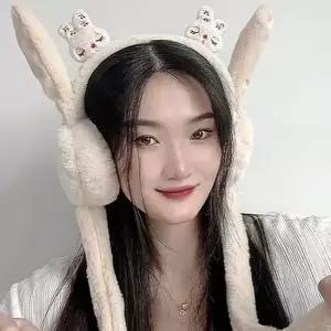 움직이는 토끼 베이지 귀마개 쫑긋 보온 털 방한 왕 방한