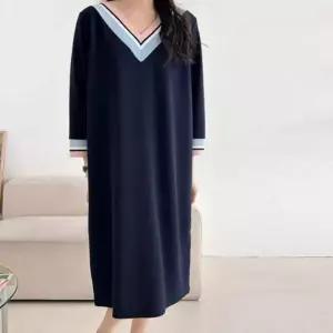 여성 오버핏 임부복 브이넥 배색 긴팔 미디 롱 원피스 A라인원피스
