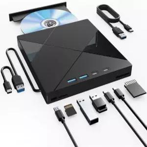 Wbacon 7 in 1 노트북용 외장 CD/DVD 드라이브 SD/TF 포트가 있는 휴대용 플레이어 USB 3.0/타입 C가 PC