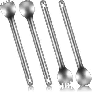 미나티 4피스 티타늄 롱핸들 스팍 및 스푼 8.4인치 초경량 휴대용 플랫웨어 수프 캠핑 도구 야외 배낭 여행